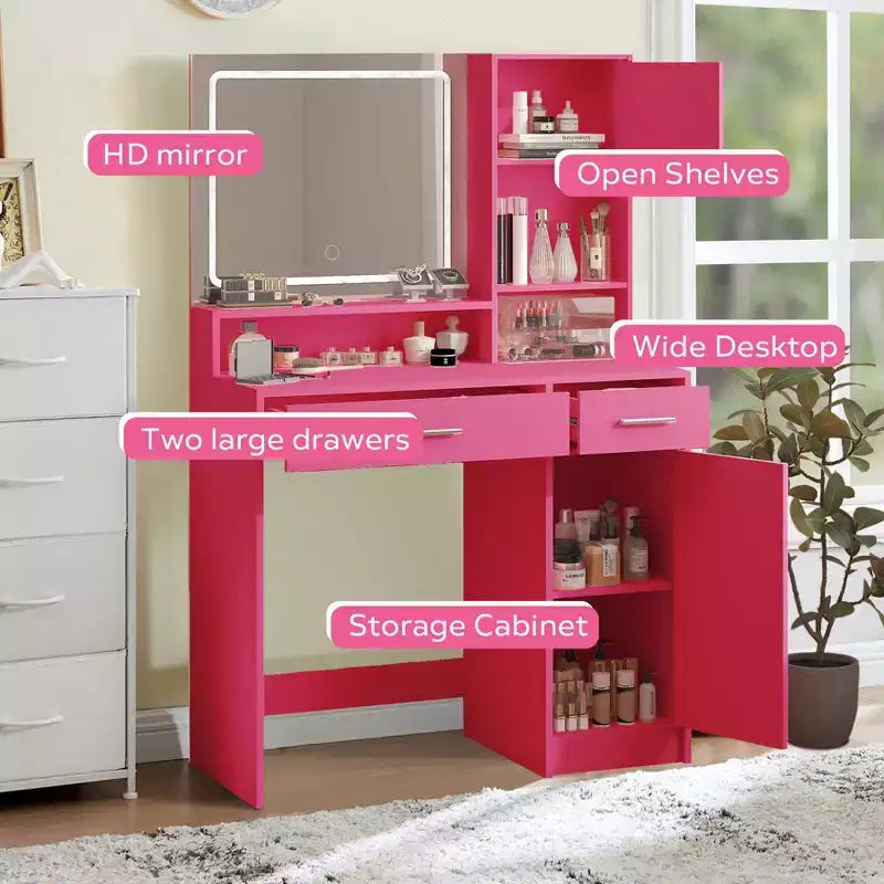 Coiffeuse Okak avec grand miroir rectangulaire, coiffeuse de maquillage avec commode de rangement à 3 niveaux, coiffeuse compacte pour chambre à coucher, salle de bain