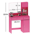 Coiffeuse Okak avec grand miroir rectangulaire, coiffeuse de maquillage avec commode de rangement à 3 niveaux, coiffeuse compacte pour chambre à coucher, salle de bain