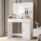 Coiffeuse Okak avec grand miroir rectangulaire, coiffeuse de maquillage avec commode de rangement à 3 niveaux, coiffeuse compacte pour chambre à coucher, salle de bain