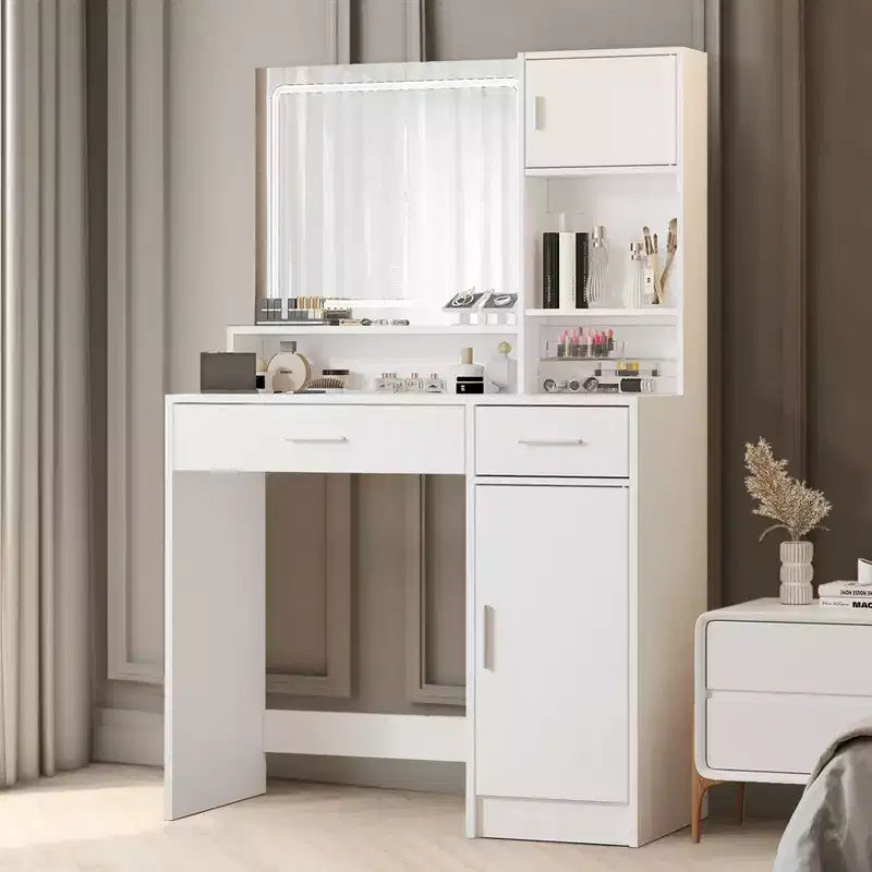 Coiffeuse Okak avec grand miroir rectangulaire, coiffeuse de maquillage avec commode de rangement à 3 niveaux, coiffeuse compacte pour chambre à coucher, salle de bain