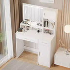Coiffeuse Okak avec grand miroir rectangulaire, coiffeuse de maquillage avec commode de rangement à 3 niveaux, coiffeuse compacte pour chambre à coucher, salle de bain