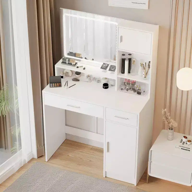 Coiffeuse Okak avec grand miroir rectangulaire, coiffeuse de maquillage avec commode de rangement à 3 niveaux, coiffeuse compacte pour chambre à coucher, salle de bain