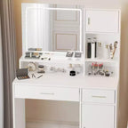 Coiffeuse Okak avec grand miroir rectangulaire, coiffeuse de maquillage avec commode de rangement à 3 niveaux, coiffeuse compacte pour chambre à coucher, salle de bain