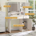 Coiffeuse Okak avec grand miroir rectangulaire, coiffeuse de maquillage avec commode de rangement à 3 niveaux, coiffeuse compacte pour chambre à coucher, salle de bain