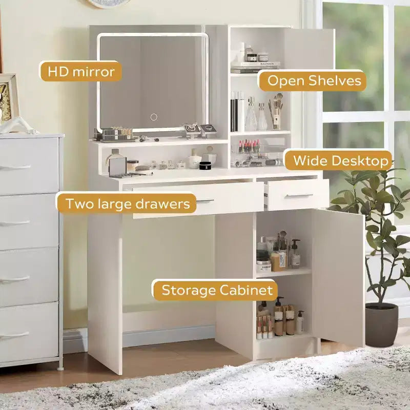 Coiffeuse Okak avec grand miroir rectangulaire, coiffeuse de maquillage avec commode de rangement à 3 niveaux, coiffeuse compacte pour chambre à coucher, salle de bain