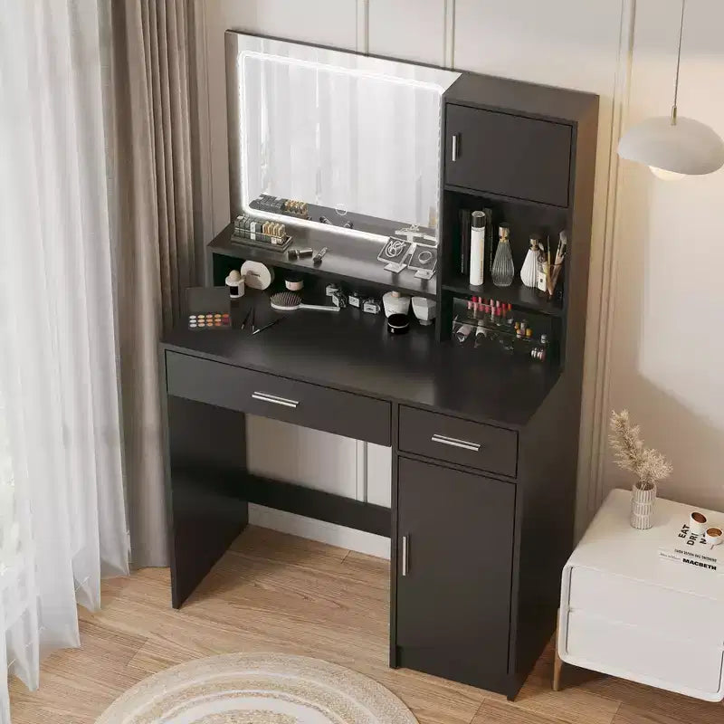 Coiffeuse Okak avec grand miroir rectangulaire, coiffeuse de maquillage avec commode de rangement à 3 niveaux, coiffeuse compacte pour chambre à coucher, salle de bain