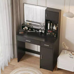 Coiffeuse Okak avec grand miroir rectangulaire, coiffeuse de maquillage avec commode de rangement à 3 niveaux, coiffeuse compacte pour chambre à coucher, salle de bain