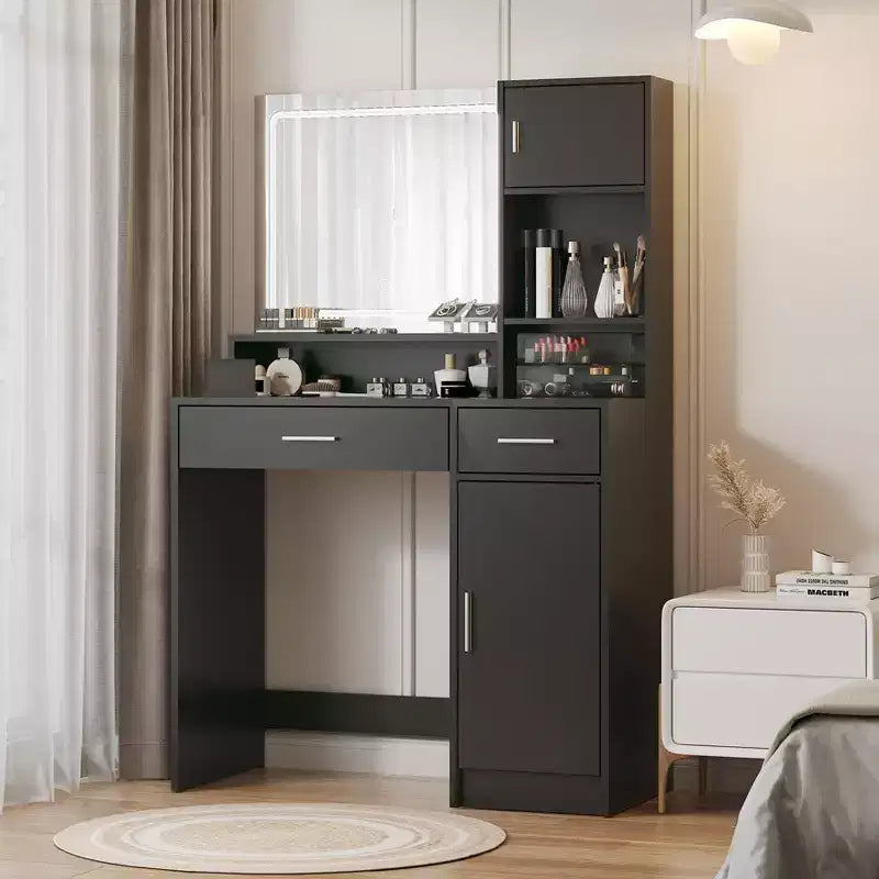 Coiffeuse Okak avec grand miroir rectangulaire, coiffeuse de maquillage avec commode de rangement à 3 niveaux, coiffeuse compacte pour chambre à coucher, salle de bain