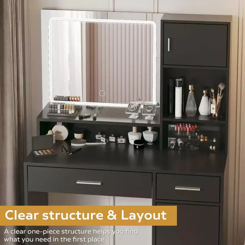 Coiffeuse Okak avec grand miroir rectangulaire, coiffeuse de maquillage avec commode de rangement à 3 niveaux, coiffeuse compacte pour chambre à coucher, salle de bain