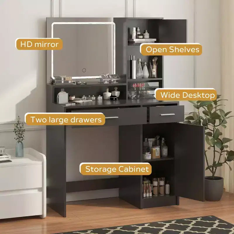 Coiffeuse Okak avec grand miroir rectangulaire, coiffeuse de maquillage avec commode de rangement à 3 niveaux, coiffeuse compacte pour chambre à coucher, salle de bain