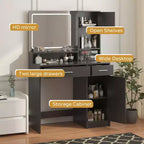 Coiffeuse Okak avec grand miroir rectangulaire, coiffeuse de maquillage avec commode de rangement à 3 niveaux, coiffeuse compacte pour chambre à coucher, salle de bain