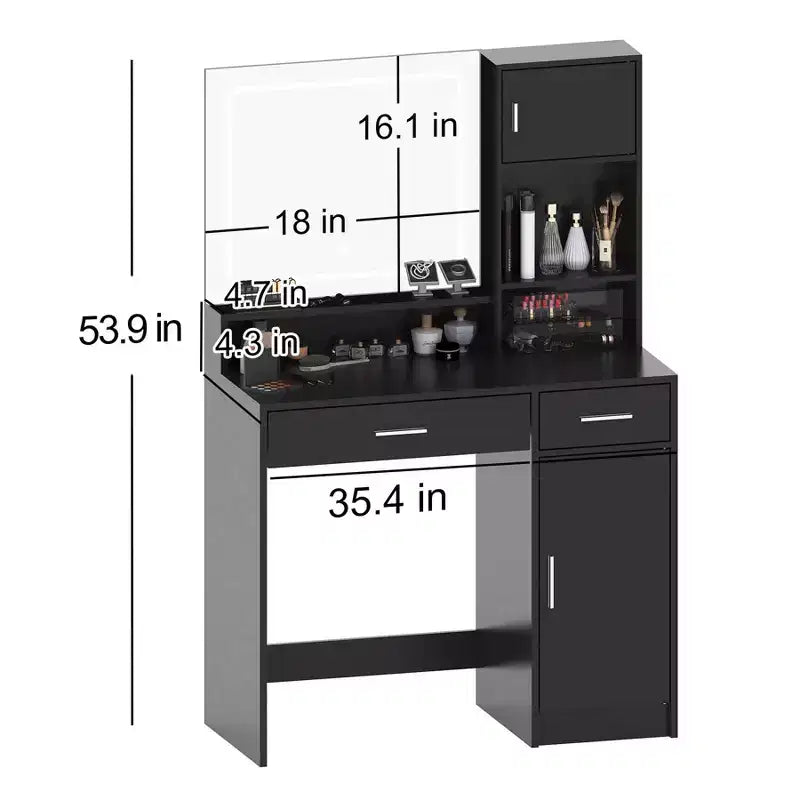 Coiffeuse Okak avec grand miroir rectangulaire, coiffeuse de maquillage avec commode de rangement à 3 niveaux, coiffeuse compacte pour chambre à coucher, salle de bain