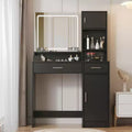 Coiffeuse Okak avec grand miroir rectangulaire, coiffeuse de maquillage avec commode de rangement à 3 niveaux, coiffeuse compacte pour chambre à coucher, salle de bain