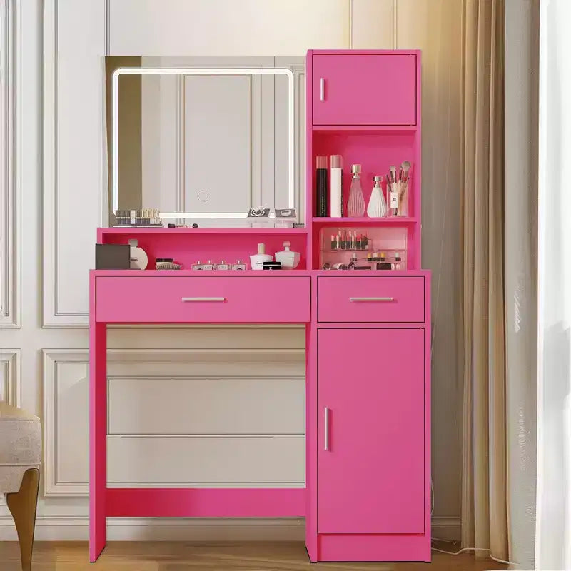 Coiffeuse Okak avec grand miroir rectangulaire, coiffeuse de maquillage avec commode de rangement à 3 niveaux, coiffeuse compacte pour chambre à coucher, salle de bain
