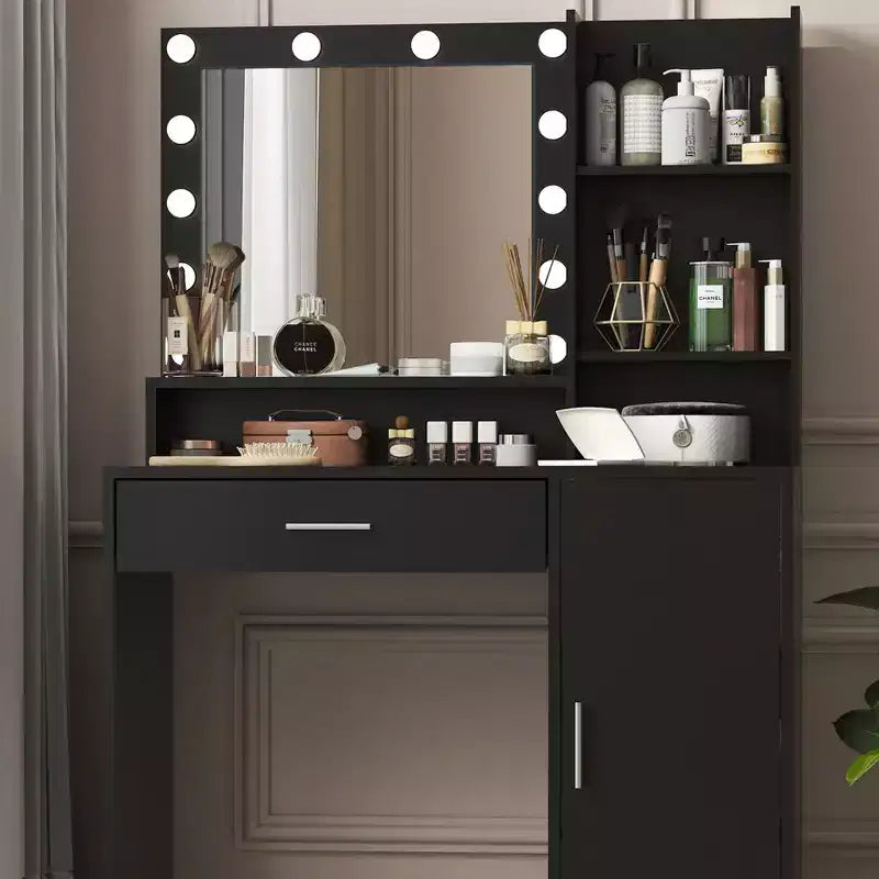 Table de toilette Okak avec miroir, coiffeuse avec étagères de rangement à trois niveaux, 1 tiroir et 1 porte de placard, bureau de maquillage pour salle de bain