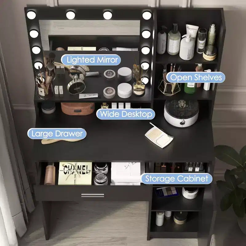 Table de toilette Okak avec miroir, coiffeuse avec étagères de rangement à trois niveaux, 1 tiroir et 1 porte de placard, bureau de maquillage pour salle de bain