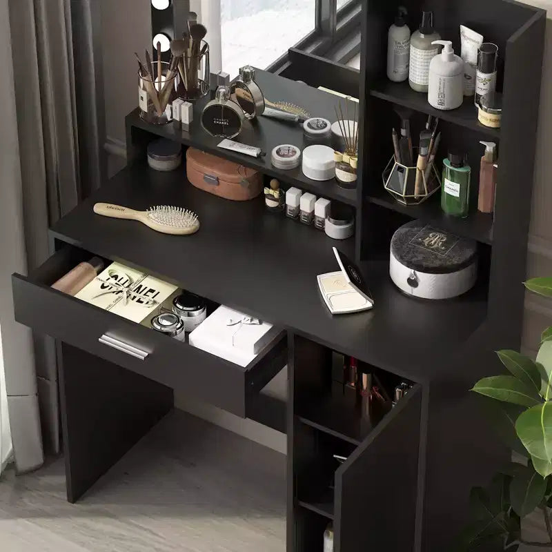 Table de toilette Okak avec miroir, coiffeuse avec étagères de rangement à trois niveaux, 1 tiroir et 1 porte de placard, bureau de maquillage pour salle de bain