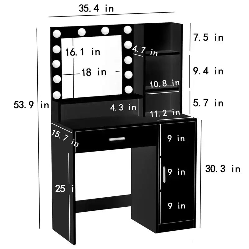 Table de toilette Okak avec miroir, coiffeuse avec étagères de rangement à trois niveaux, 1 tiroir et 1 porte de placard, bureau de maquillage pour salle de bain