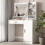 Table de toilette Okak avec miroir, coiffeuse avec étagères de rangement à trois niveaux, 1 tiroir et 1 porte de placard, bureau de maquillage pour salle de bain