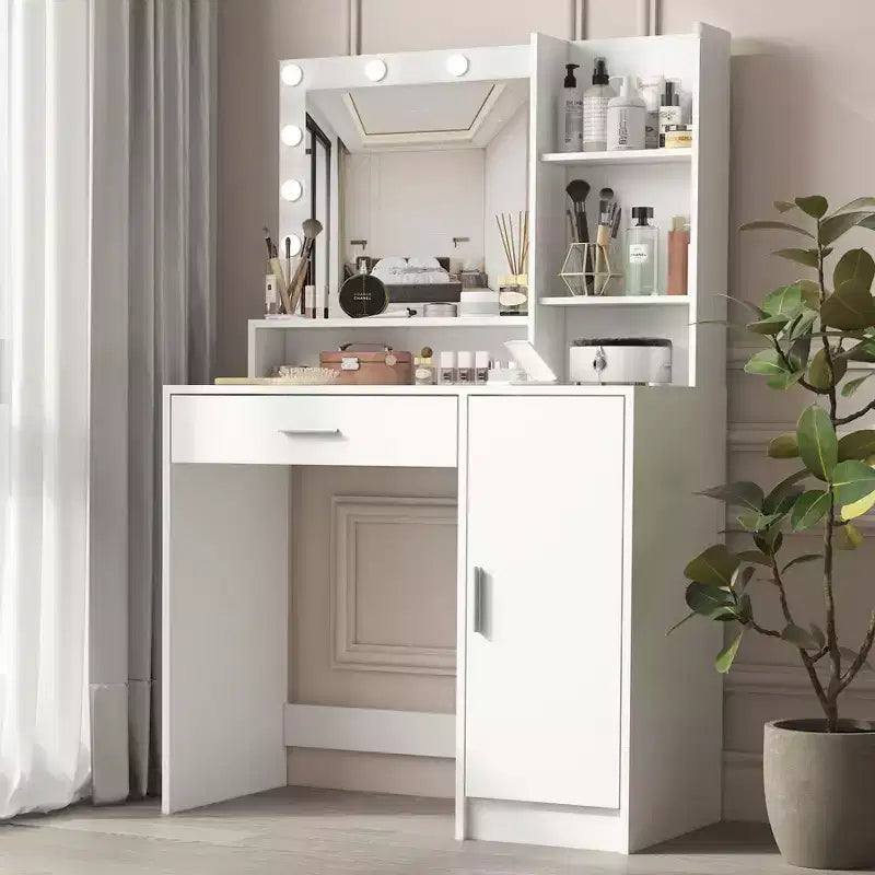 Table de toilette Okak avec miroir, coiffeuse avec étagères de rangement à trois niveaux, 1 tiroir et 1 porte de placard, bureau de maquillage pour salle de bain