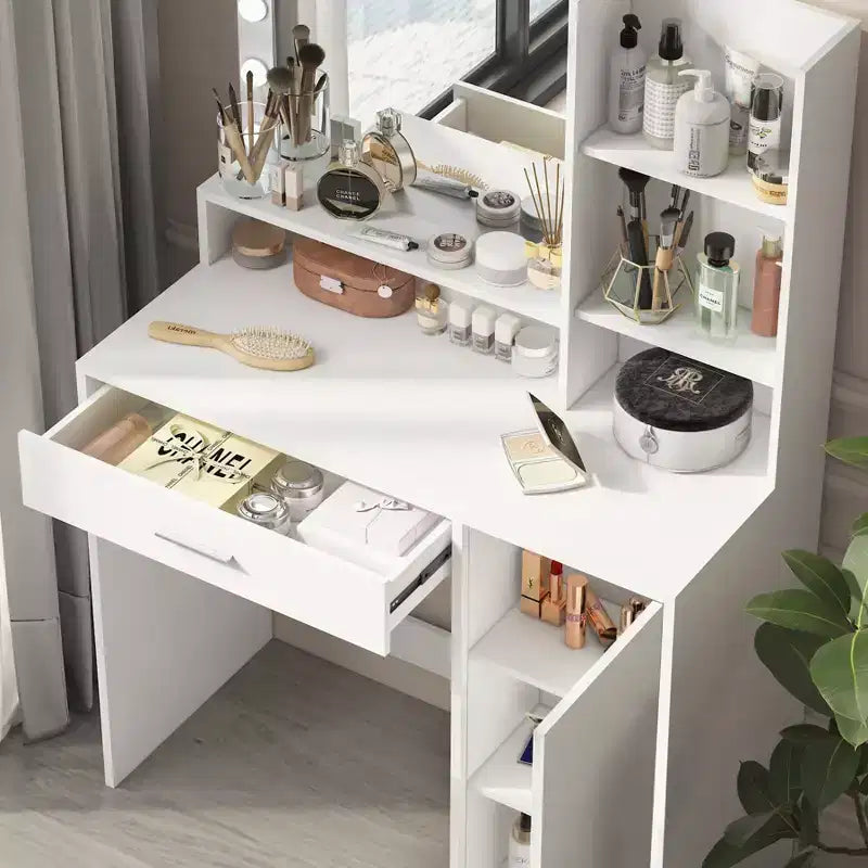 Table de toilette Okak avec miroir, coiffeuse avec étagères de rangement à trois niveaux, 1 tiroir et 1 porte de placard, bureau de maquillage pour salle de bain