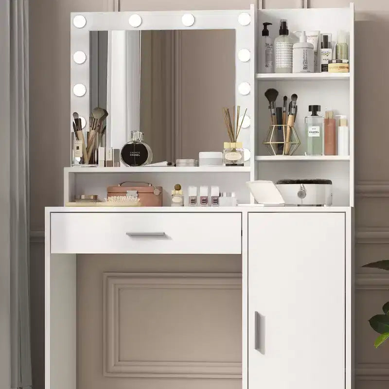 Table de toilette Okak avec miroir, coiffeuse avec étagères de rangement à trois niveaux, 1 tiroir et 1 porte de placard, bureau de maquillage pour salle de bain