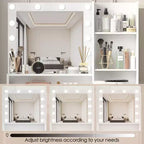 Table de toilette Okak avec miroir, coiffeuse avec étagères de rangement à trois niveaux, 1 tiroir et 1 porte de placard, bureau de maquillage pour salle de bain