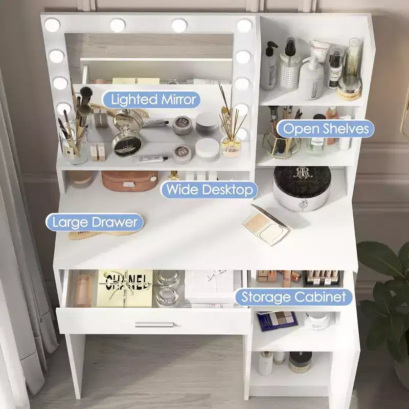 Table de toilette Okak avec miroir, coiffeuse avec étagères de rangement à trois niveaux, 1 tiroir et 1 porte de placard, bureau de maquillage pour salle de bain