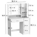 Table de toilette Okak avec miroir, coiffeuse avec étagères de rangement à trois niveaux, 1 tiroir et 1 porte de placard, bureau de maquillage pour salle de bain