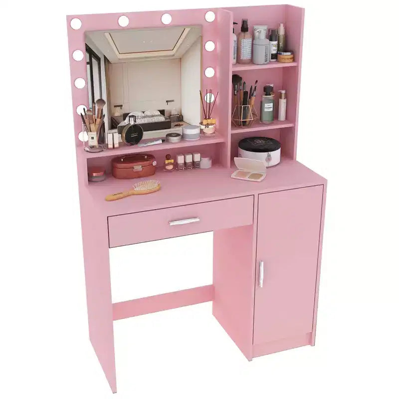 Table de toilette Okak avec miroir, coiffeuse avec étagères de rangement à trois niveaux, 1 tiroir et 1 porte de placard, bureau de maquillage pour salle de bain