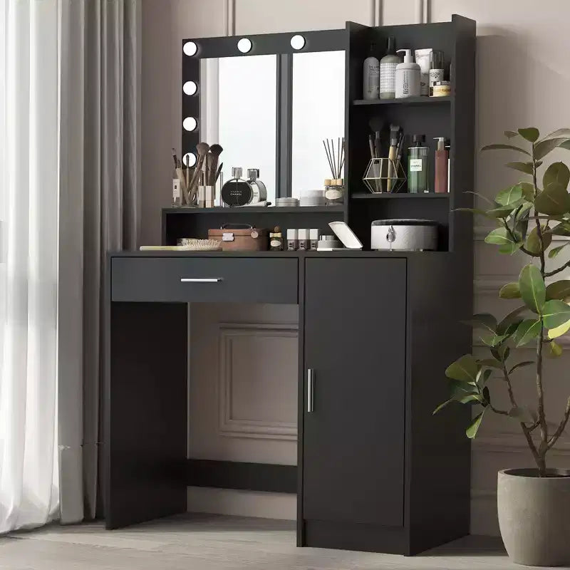 Table de toilette Okak avec miroir, coiffeuse avec étagères de rangement à trois niveaux, 1 tiroir et 1 porte de placard, bureau de maquillage pour salle de bain