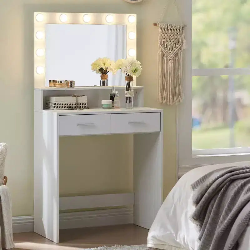 Coiffeuse compacte Okak avec miroir rectangulaire, coiffeuse de maquillage avec 2 grands tiroirs, table de coiffeuse avec 3 modes pour chambre à coucher, dressing, blanc