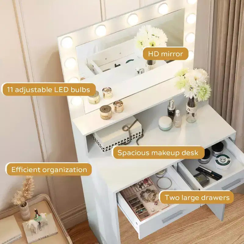 Coiffeuse compacte Okak avec miroir rectangulaire, coiffeuse de maquillage avec 2 grands tiroirs, table de coiffeuse avec 3 modes pour chambre à coucher, dressing, blanc