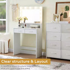Coiffeuse compacte Okak avec miroir rectangulaire, coiffeuse de maquillage avec 2 grands tiroirs, table de coiffeuse avec 3 modes pour chambre à coucher, dressing, blanc