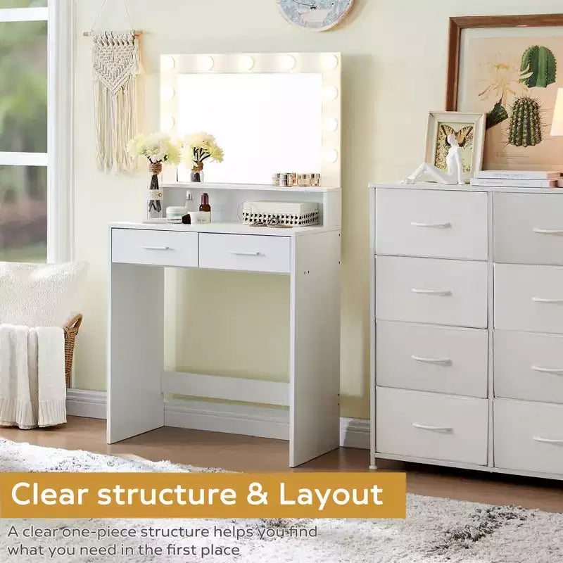 Coiffeuse compacte Okak avec miroir rectangulaire, coiffeuse de maquillage avec 2 grands tiroirs, table de coiffeuse avec 3 modes pour chambre à coucher, dressing, blanc
