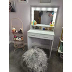 Coiffeuse compacte Okak avec miroir rectangulaire, coiffeuse de maquillage avec 2 grands tiroirs, table de coiffeuse avec 3 modes pour chambre à coucher, dressing, blanc