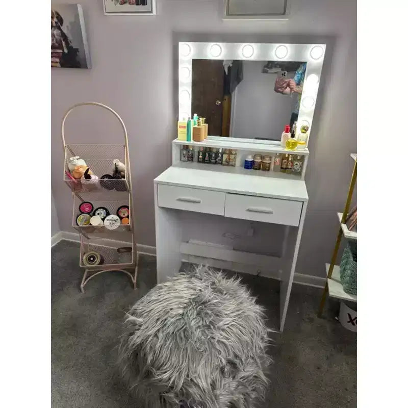 Coiffeuse compacte Okak avec miroir rectangulaire, coiffeuse de maquillage avec 2 grands tiroirs, table de coiffeuse avec 3 modes pour chambre à coucher, dressing, blanc