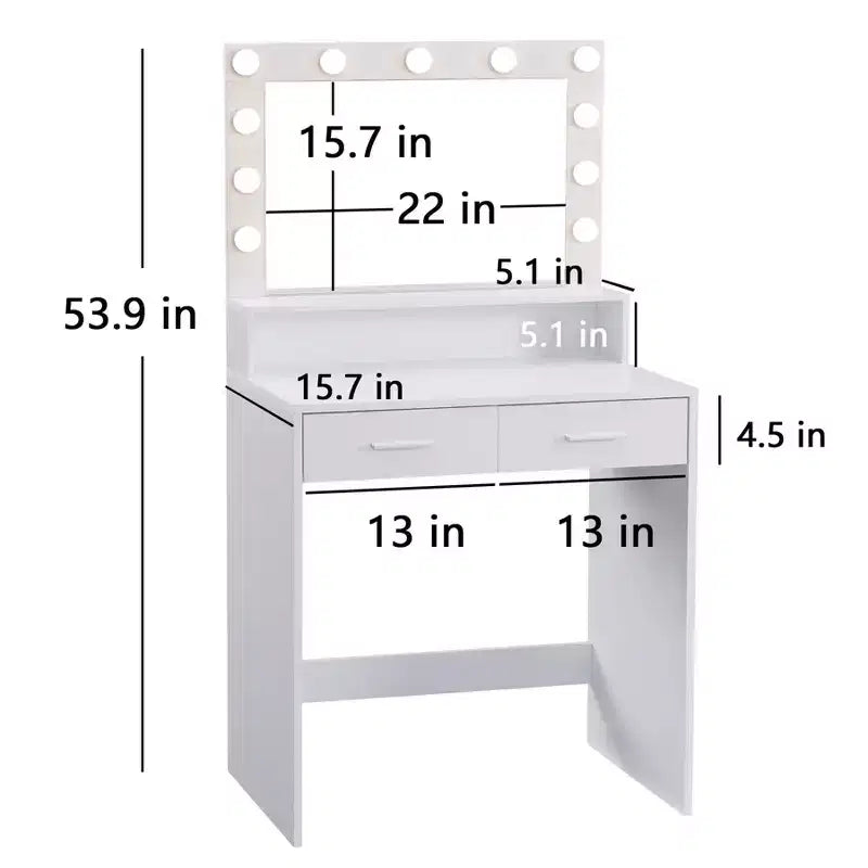 Coiffeuse compacte Okak avec miroir rectangulaire, coiffeuse de maquillage avec 2 grands tiroirs, table de coiffeuse avec 3 modes pour chambre à coucher, dressing, blanc