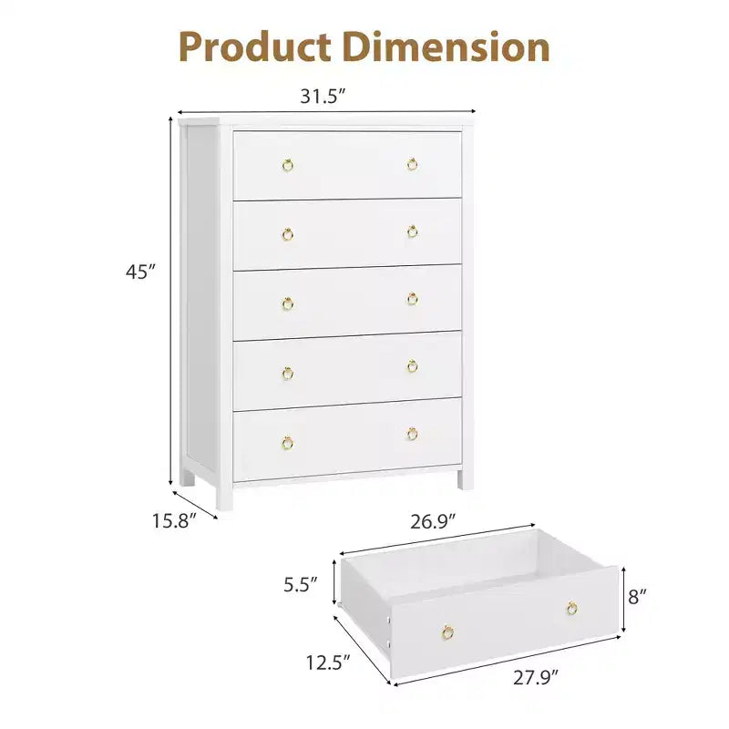 Commode avec 4/5 tiroirs, table de chevet avec poignées dorées, grande armoire de rangement pour chambre à coucher, chambre d'enfant, salon, placard, blanc