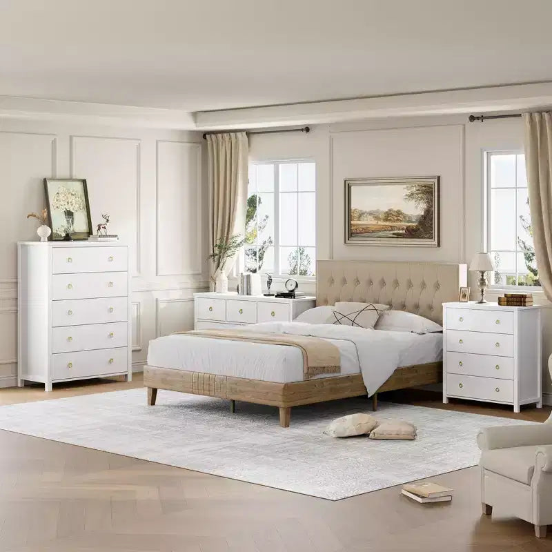 Commode avec 4/5 tiroirs, table de chevet avec poignées dorées, grande armoire de rangement pour chambre à coucher, chambre d'enfant, salon, placard, blanc
