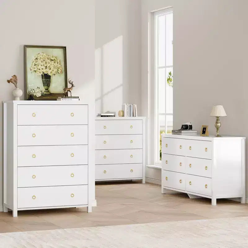 Commode avec 4/5 tiroirs, table de chevet avec poignées dorées, grande armoire de rangement pour chambre à coucher, chambre d'enfant, salon, placard, blanc