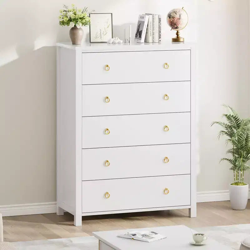 Commode avec 4/5 tiroirs, table de chevet avec poignées dorées, grande armoire de rangement pour chambre à coucher, chambre d'enfant, salon, placard, blanc
