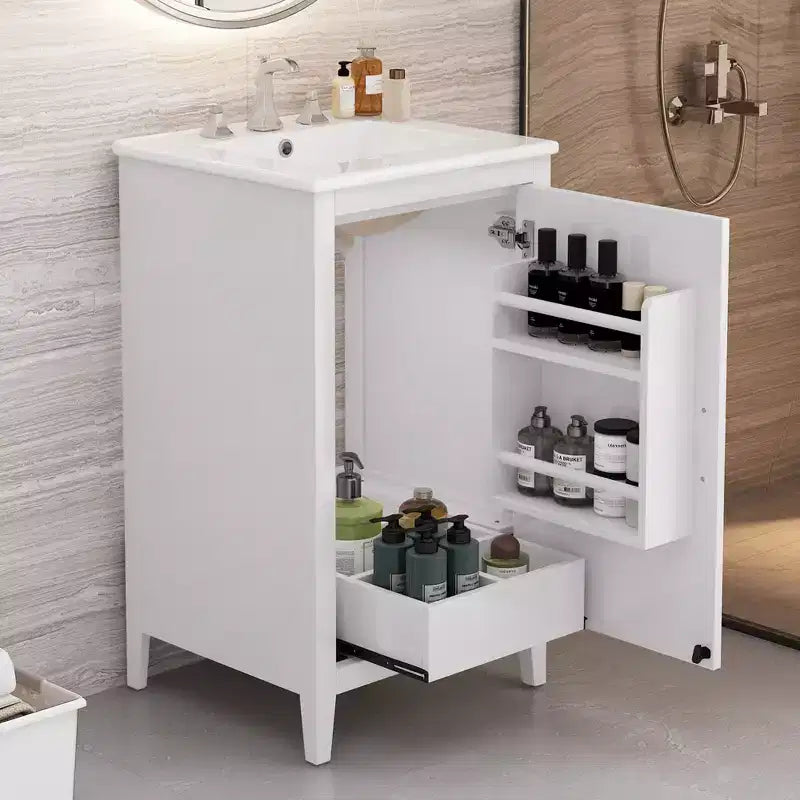 Meuble bas de salle de bain Okak 50 cm, meuble de rangement de salle de bain avec vasque, meuble de rangement avec porte et étagère