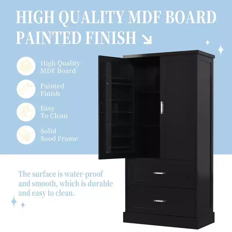 Meuble de rangement de salle de bain Okak de 162,5 cm de hauteur avec étagère réglable, grand meuble de rangement avec 2 tiroirs et 2 portes