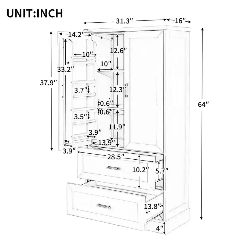 Meuble de rangement de salle de bain Okak de 162,5 cm de hauteur avec étagère réglable, grand meuble de rangement avec 2 tiroirs et 2 portes