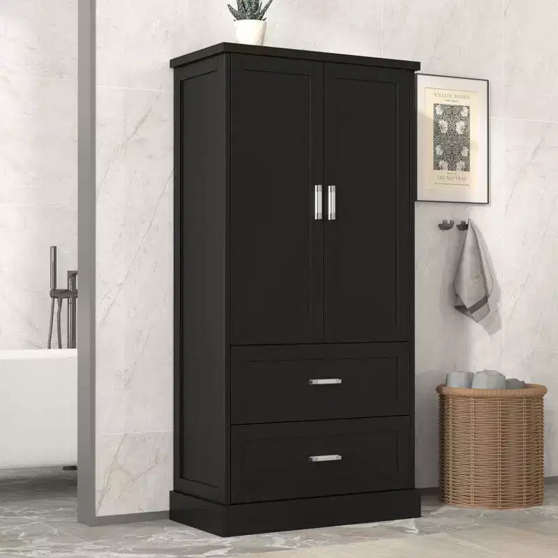 Meuble de rangement de salle de bain Okak de 162,5 cm de hauteur avec étagère réglable, grand meuble de rangement avec 2 tiroirs et 2 portes