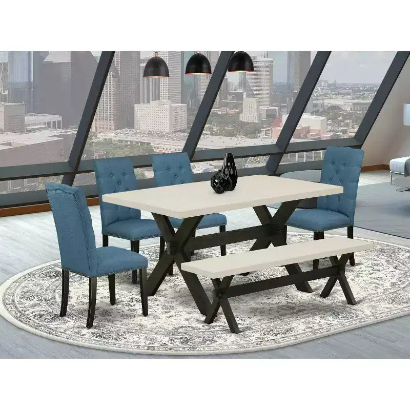 Table à manger 6 pièces avec plateau en bois massif finition chêne naturel, 1 banc et 4 chaises avec