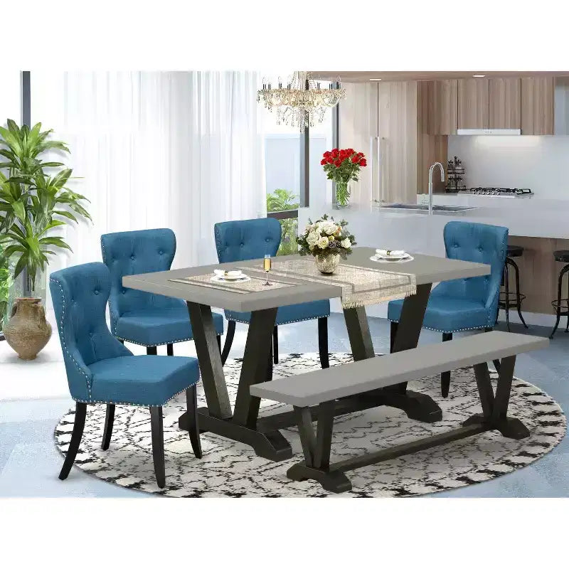 HomeStock Table à manger en bois massif finition chêne naturel 6 pièces avec 1 banc et 4 chaises