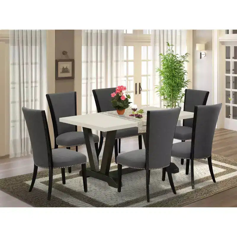 Table à manger HomeStock 7 pièces en bois massif finition chêne naturel avec 6 chaises