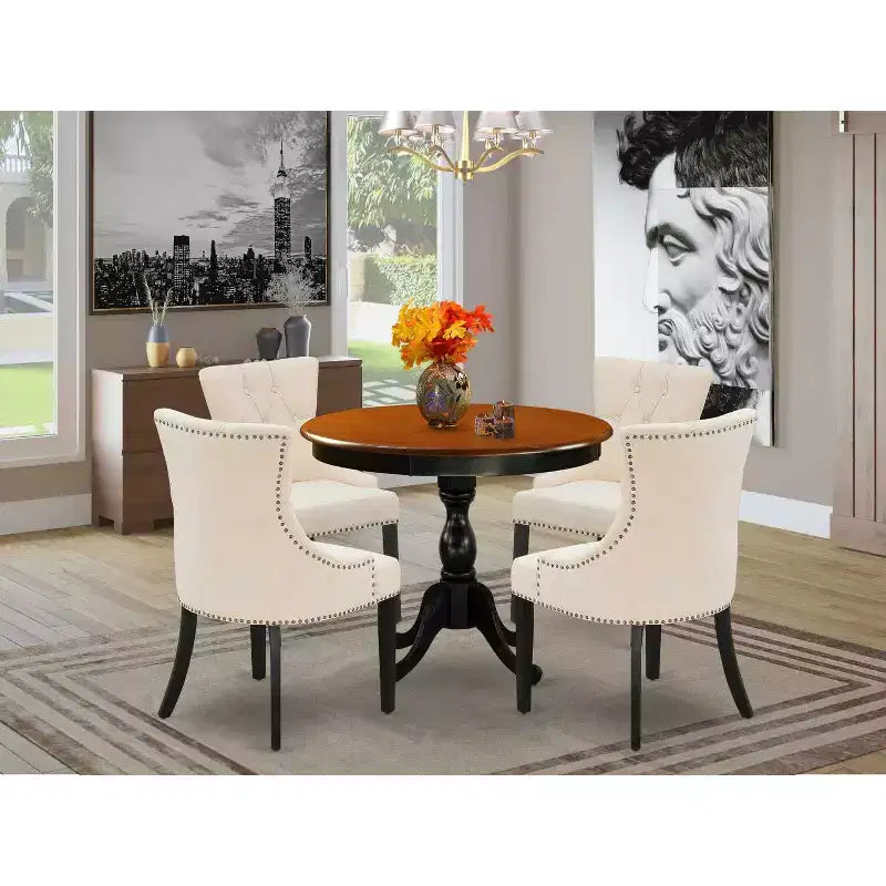 Table à manger HomeStock 5 pièces ronde noire et finition cerisier en bois massif avec 4 chaises